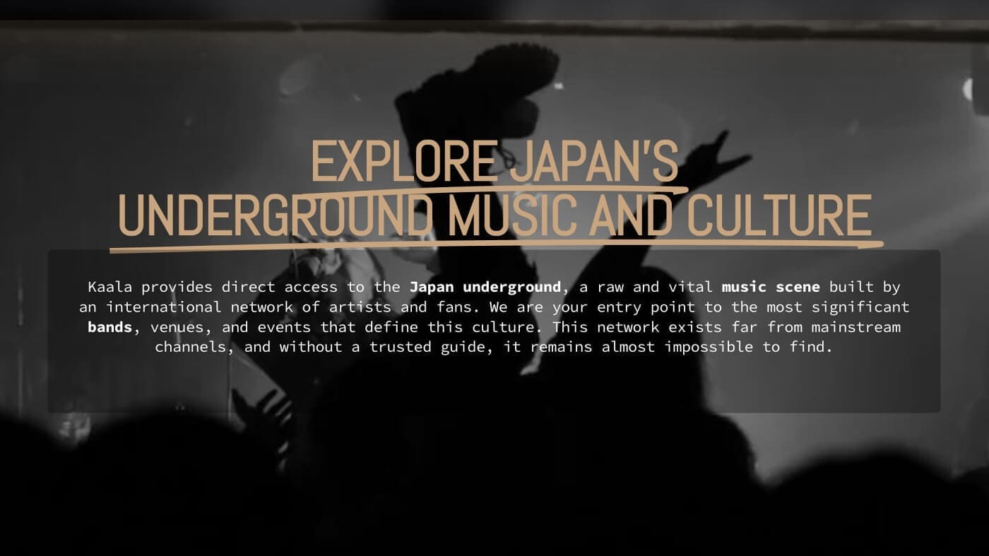 Silhouetted crowd and performer in underground concert scene, representing Kaala Music’s role in cultural market creation and blue ocean positioning