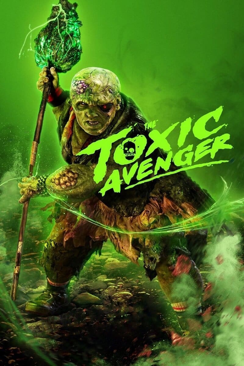 Peter Dinklage as The Toxic Avenger, representing a cult classic failure, wielding a staff, embodying the controversial Toxic Avenger remake and a departure from Troma's original spirit.