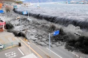 3.11 tsunami waves hitting Miyako Wharf in Japan, showing massive destruction.
