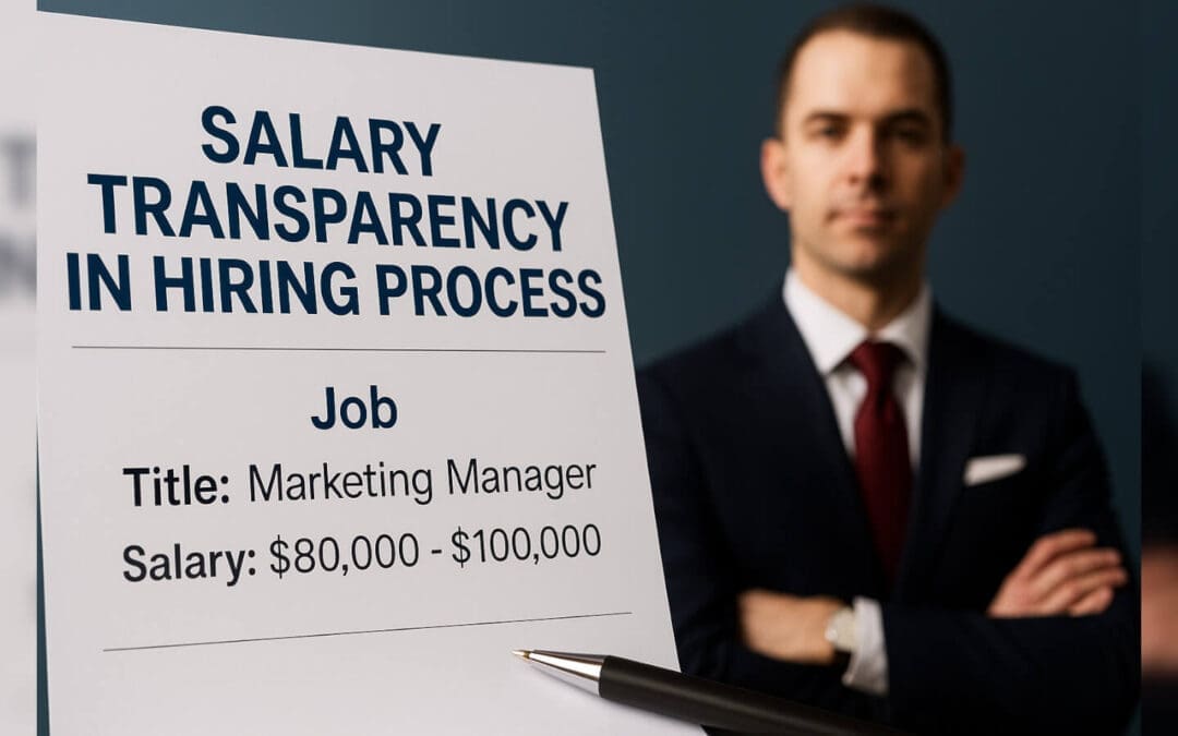 Job posting displaying salary range with confident businessman in background, representing salary transparency, hiring process, and ethical recruitment