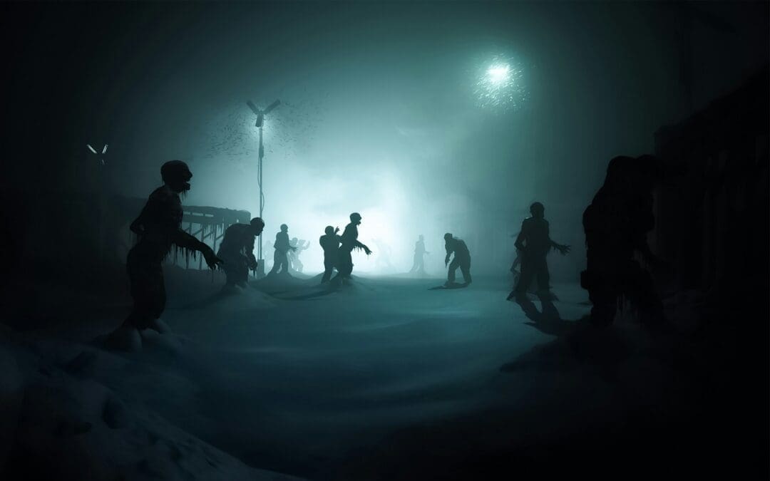 Eerie silhouettes of zombie-like figures in a snowy, foggy landscape, illustrating the concept of zombie companies in Japan slowly dying off.