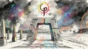 A concept illustration for Japanese Jesus depicting a stone gateway glowing with neon circuitry and a three-eyed sun symbol, representing the modernization of ancient Folklore.
