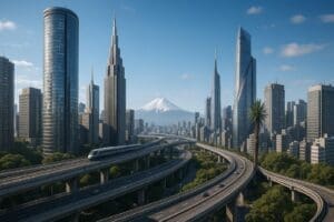A futuristic Tokyo skyline showing progress toward a modern Japanese society built on inclusion, collaboration, and sustainable consensus with foreign workers.