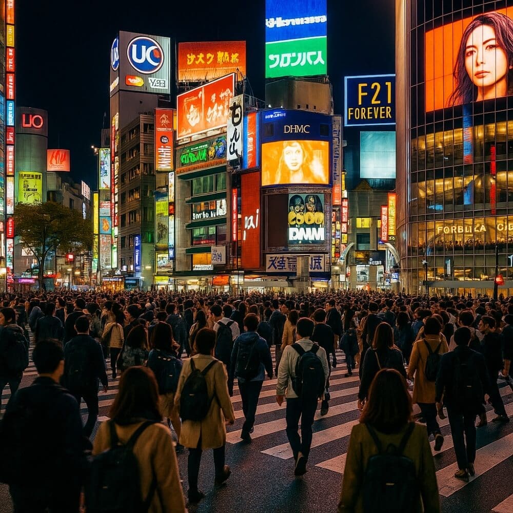 Crowds at Shibuya Crossing at night under neon lights, illustrating the breakdown of consensus and identity within Japanese society amid debates over foreign workers.
