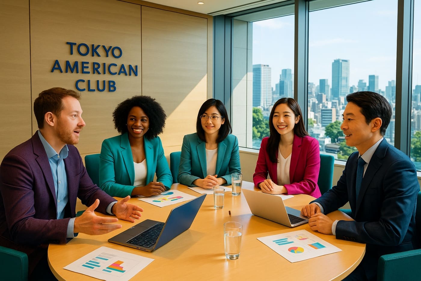 mkultraman-tokyo-american-club-global-meeting.jpg International executives meeting at the Tokyo American Club with Tokyo’s skyline behind them.